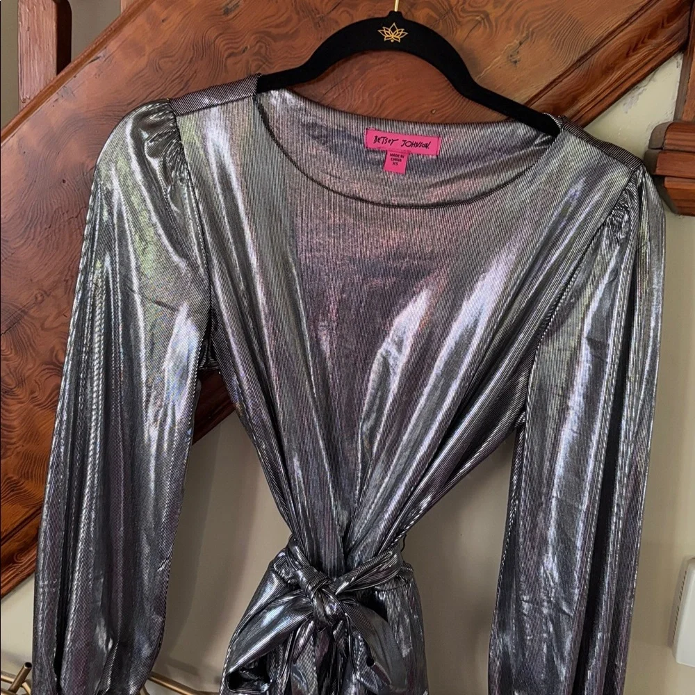 Betsey Johnson Shiny Silver Long Sleeve mini Dress belted waist XS